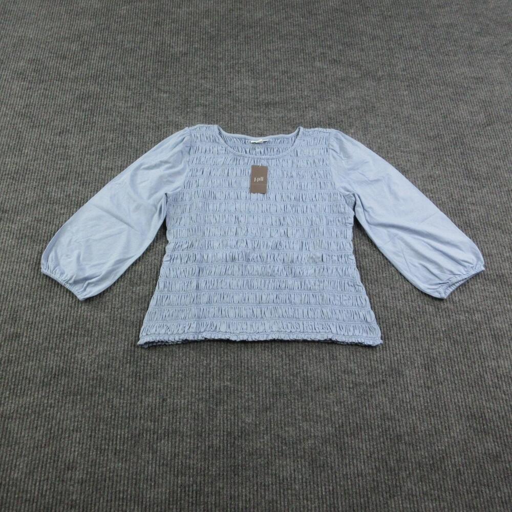 J. Jill Blouse Womens PM Ice Blue Puff Sleeve Ruffle Smocked Slim Jersey NWT